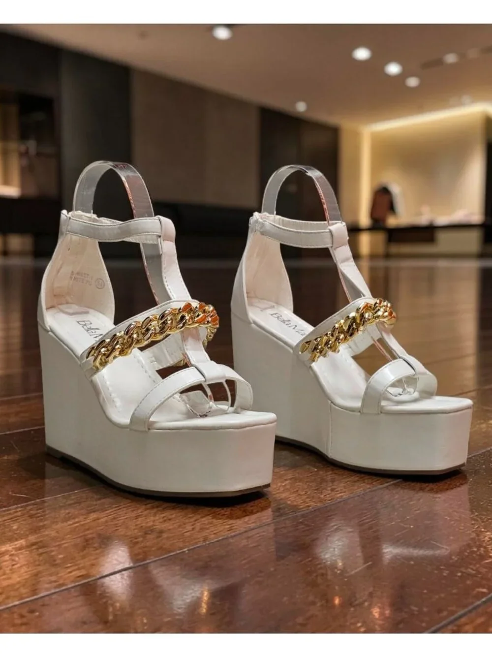 White Platform Wedge Sandals With Gold Chain Accent & Clear Straps By Bella Mari